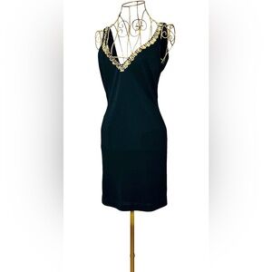 Basix Black Label Sexy Cocktail V-Neck Mini Dress w/Gold & Silver Rhinestones, 0